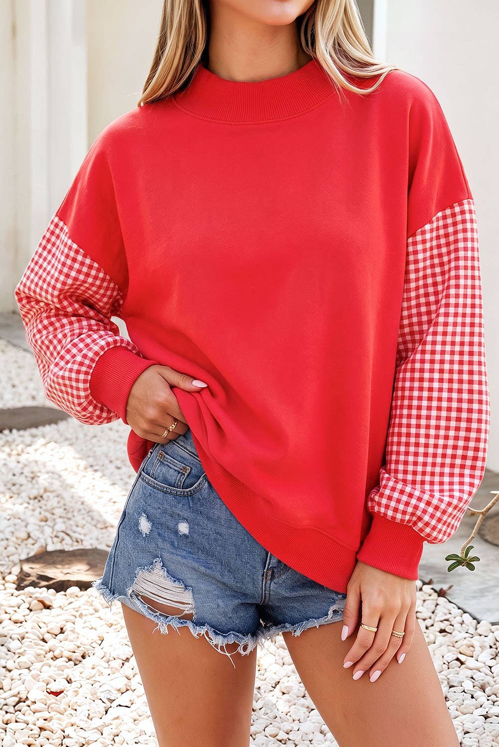 F/W26 NEW Plaid Sleeve Colorblock Mock Neck Sweatshirt| S-4X