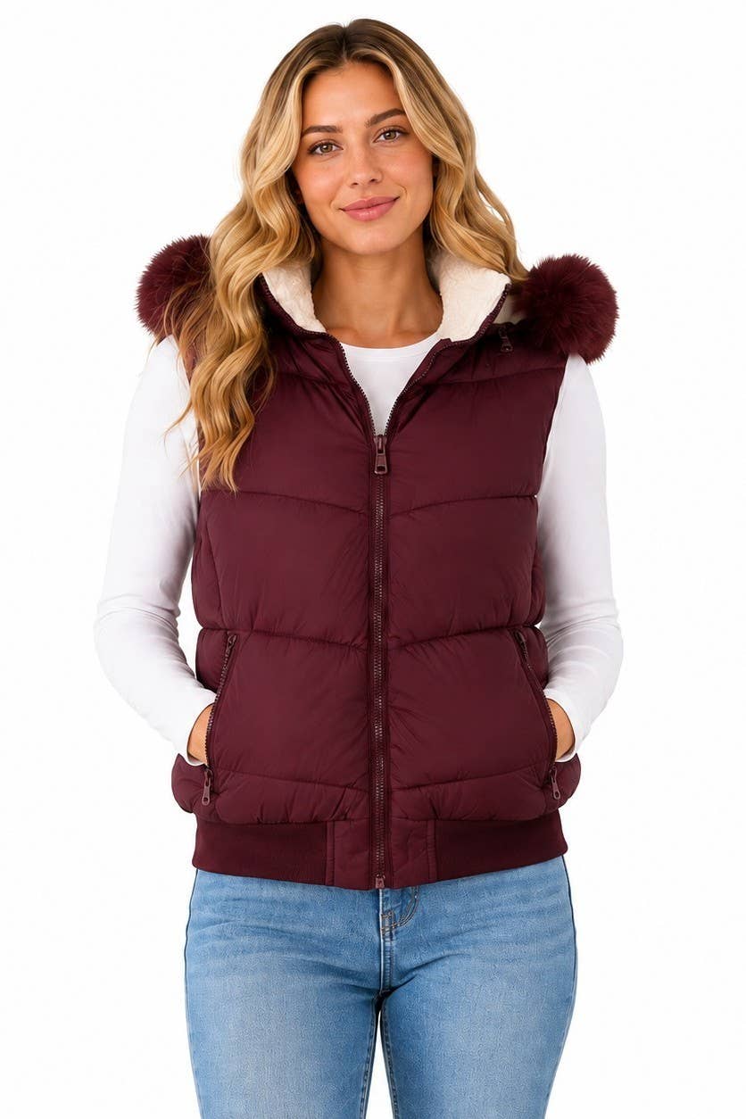 Women's Sherpa-lined Faux Fur Hood Puffer Vest