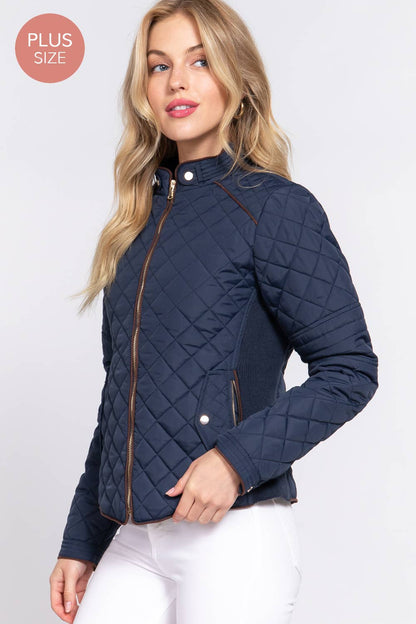 [PLUS SIZE] Suede Piping Detail Rib Quilted Padding Jacket