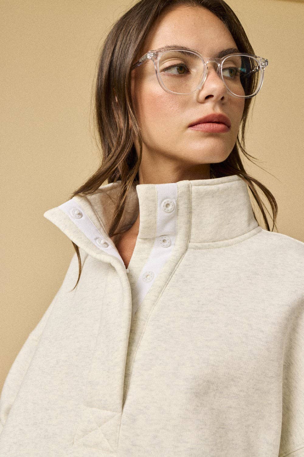 PT18729 - High Collar Half Button-Up Relaxed Fit Pullover
