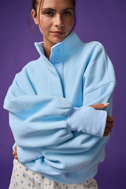 PT18729 - High Collar Half Button-Up Relaxed Fit Pullover