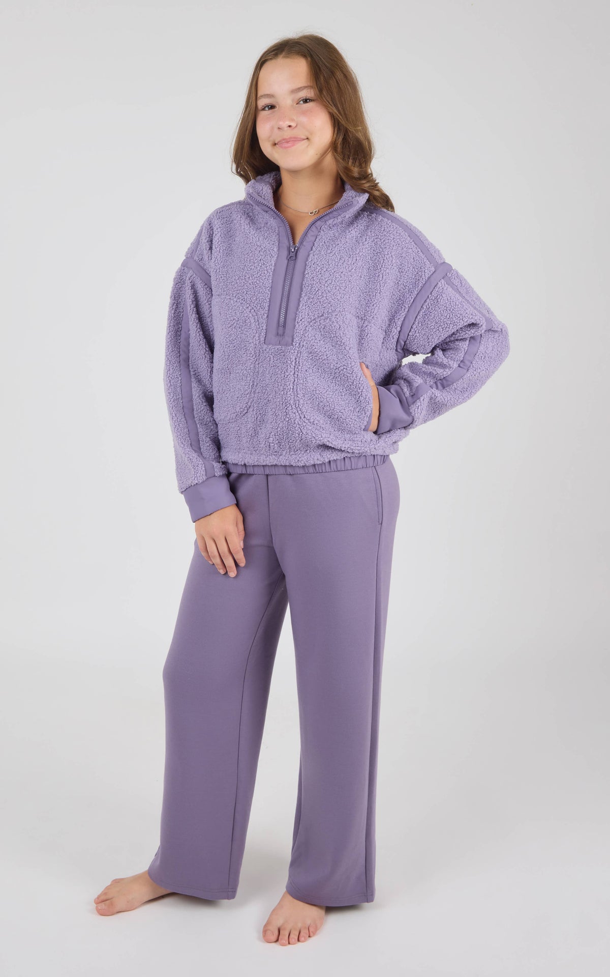 Tween Girls Trendy Contrast Sherpa Half Zip and Flare Pants