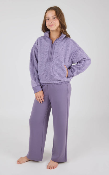Tween Girls Trendy Contrast Sherpa Half Zip and Flare Pants