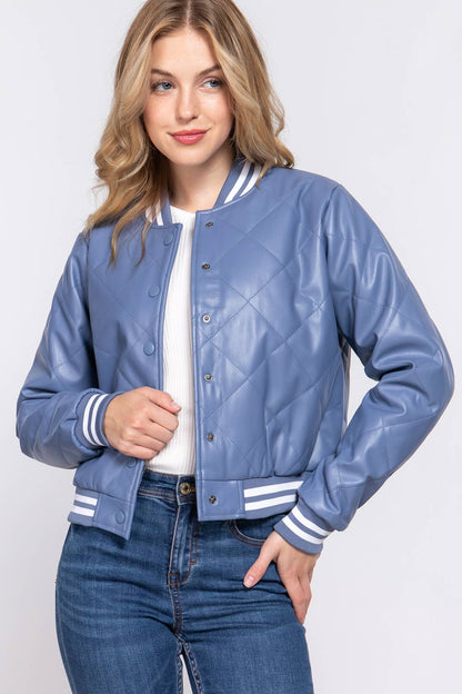 Long Sleeve Quilted PU Faux Leather Bomber Jacket