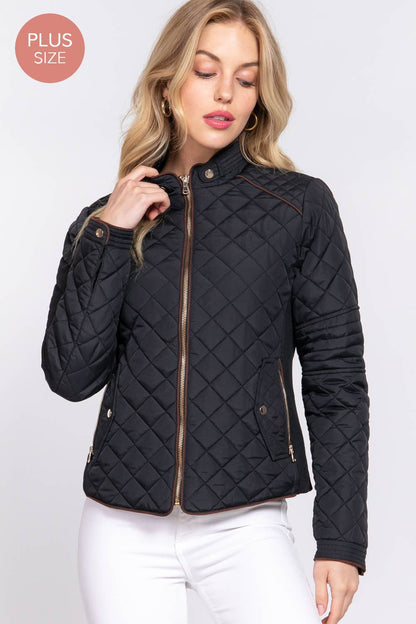 [PLUS SIZE] Suede Piping Detail Rib Quilted Padding Jacket