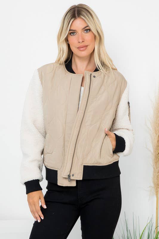 Onion Quilted Bomber With Sherpa Sleeves