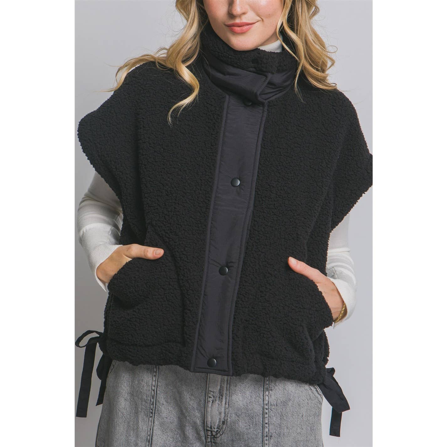 Sherpa Oversized Vest Button Tabs with Pockets