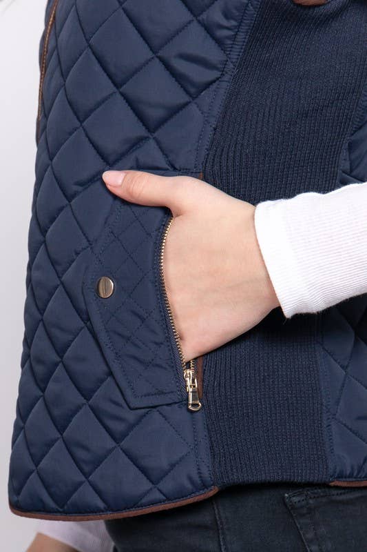 Suede Piping Detail Rib Quilted Padding Vest