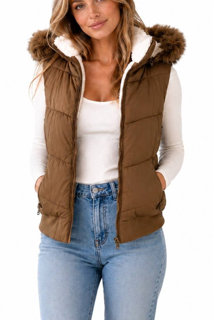 Women's Sherpa-lined Faux Fur Hood Puffer Vest