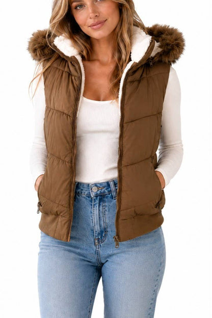 Women's Sherpa-lined Faux Fur Hood Puffer Vest