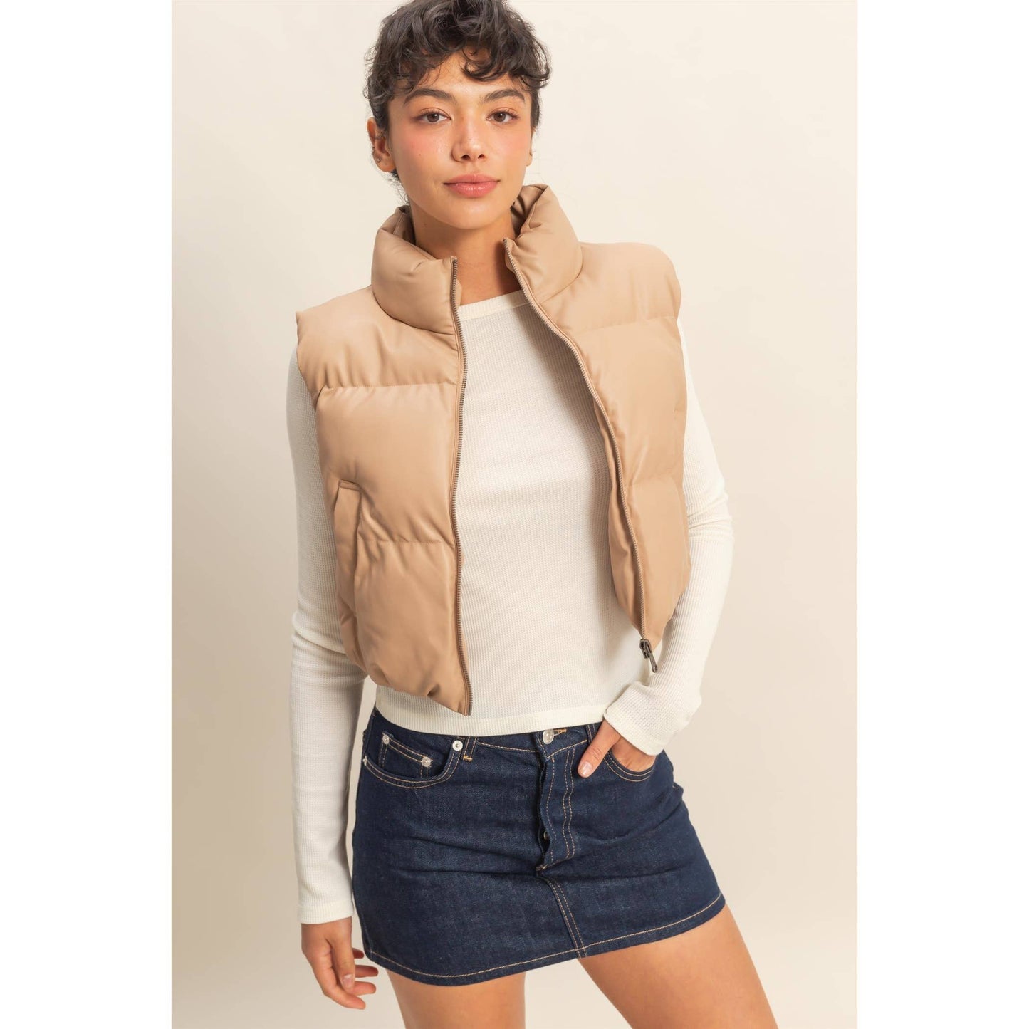 Faux Leather Cropped Puffer Vest