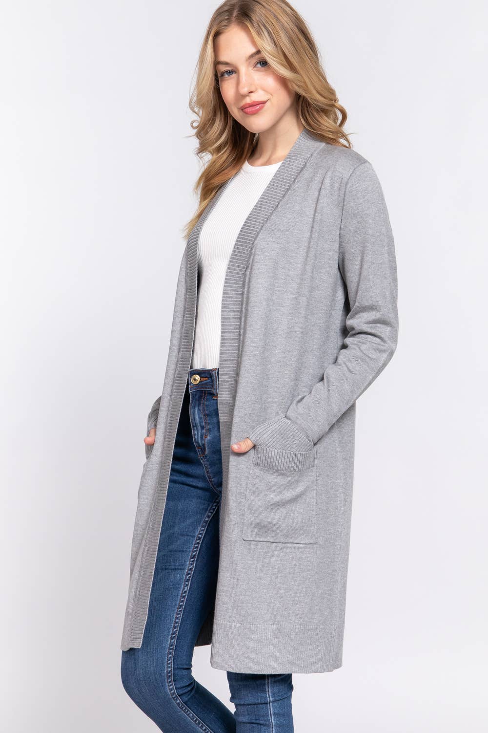Long Sleeve Rib Banded Open Tunic Sweater Cardigan