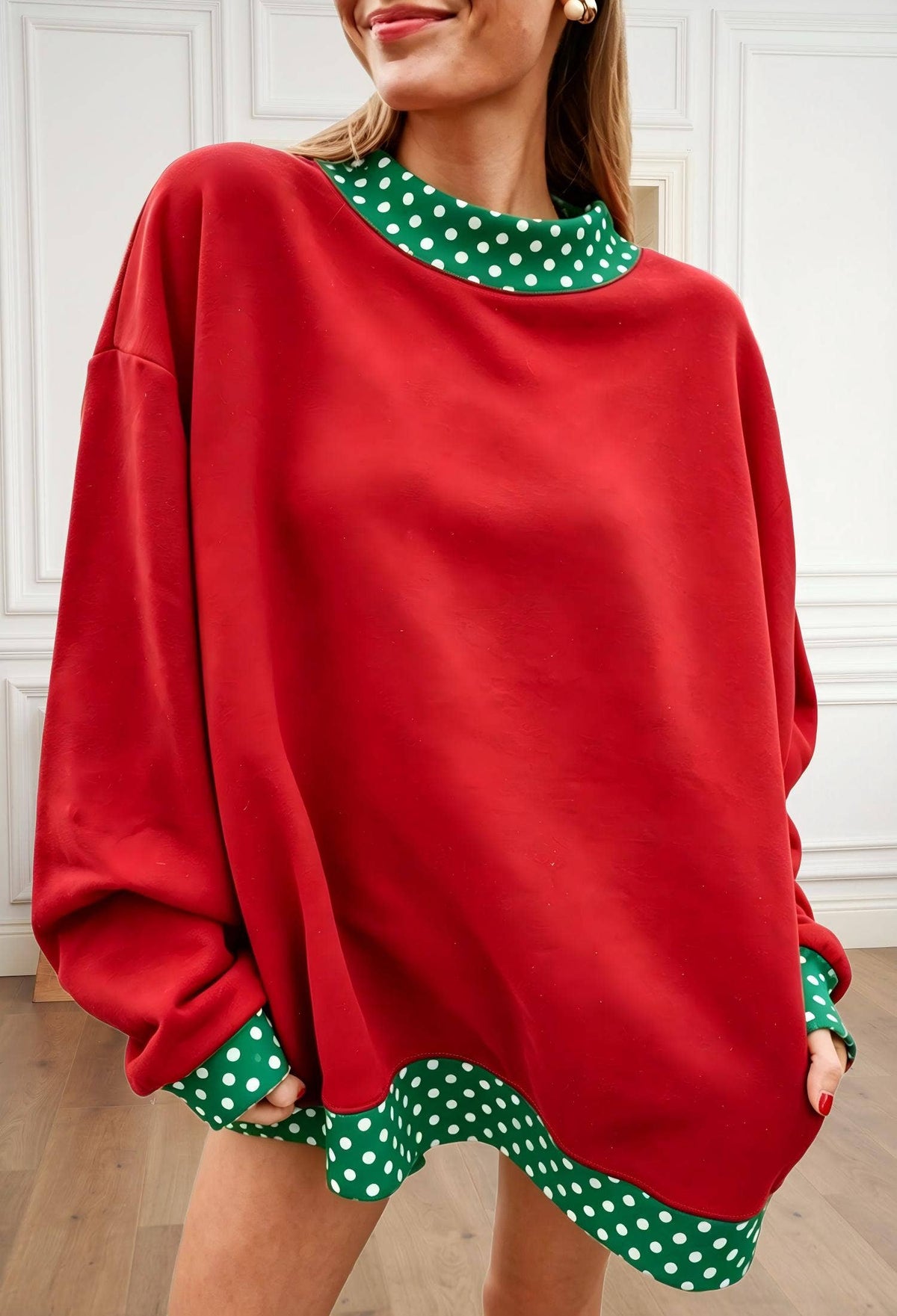 66 Plus Size Polka Dot Mock Neck Fleece Sweatshirt (S-4X)