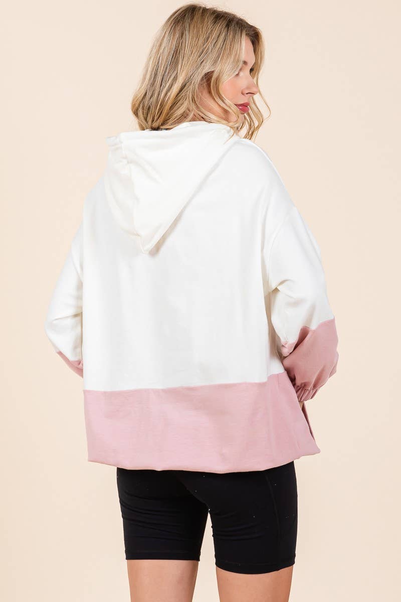 D5505 - ELASTIC HEM COLOR BLOCK POCKET HOODIE=