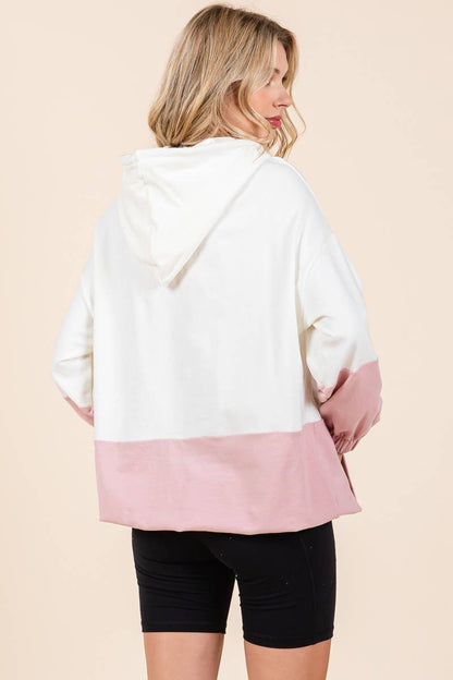D5505 - ELASTIC HEM COLOR BLOCK POCKET HOODIE=
