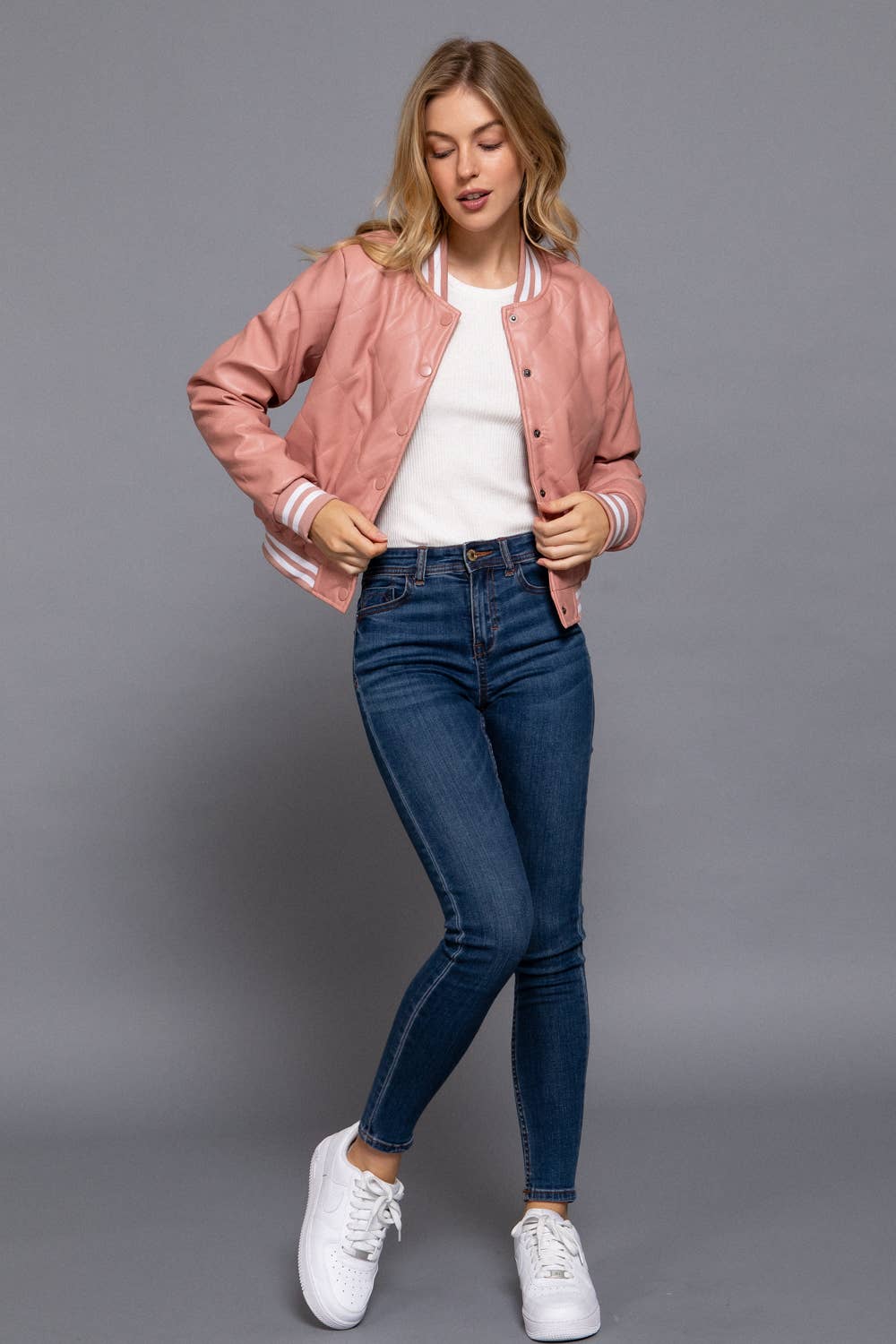 Long Sleeve Quilted PU Faux Leather Bomber Jacket
