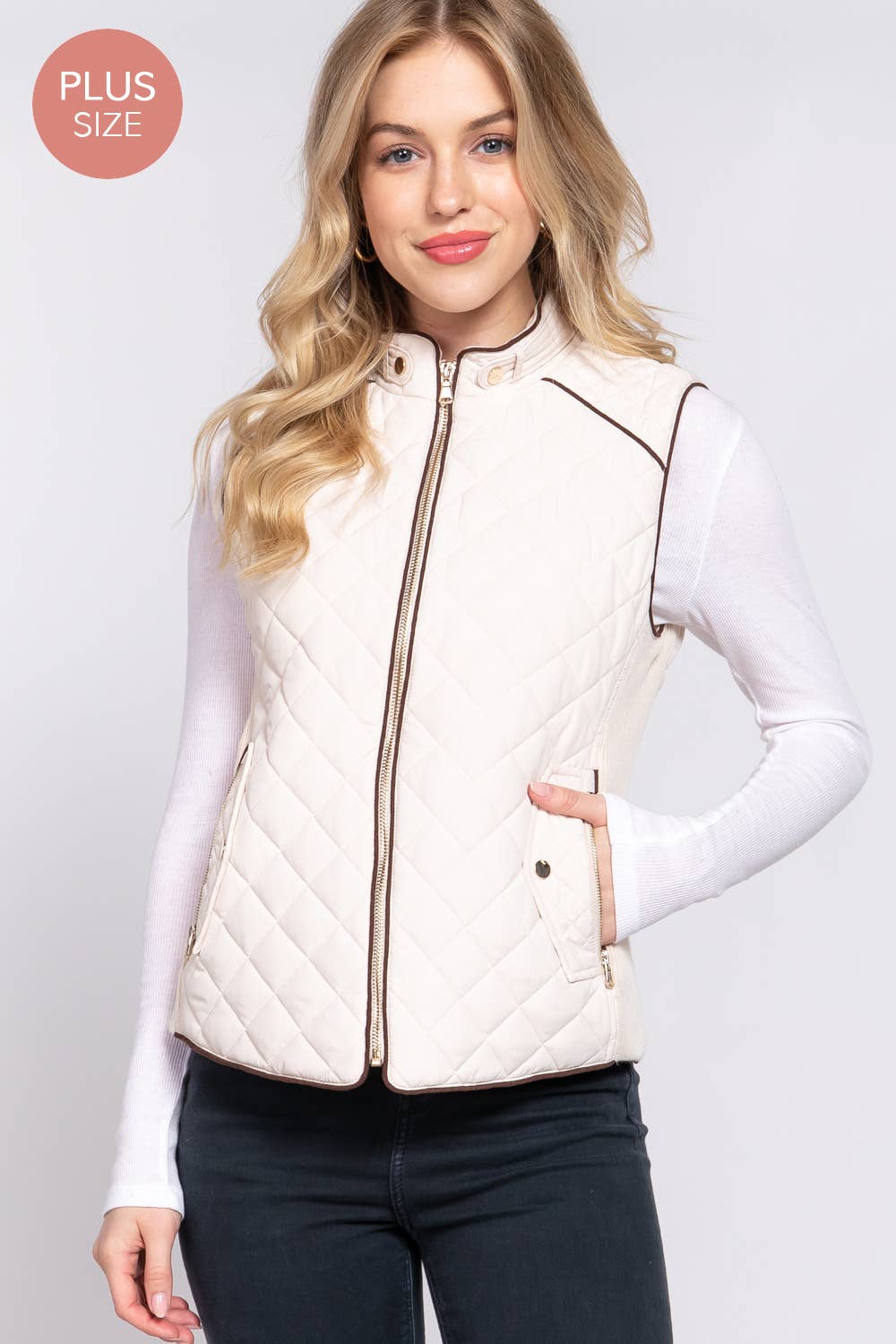 Suede Piping Quilted Padding Vest