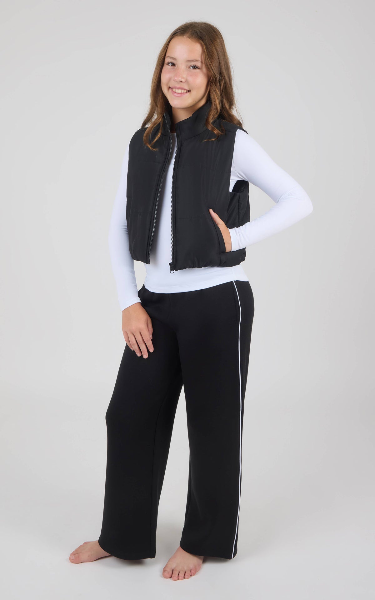Tween Girls Puffer Vest, Long Sleeve Top, Wide Pants - Set