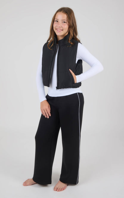Tween Girls Puffer Vest, Long Sleeve Top, Wide Pants - Set