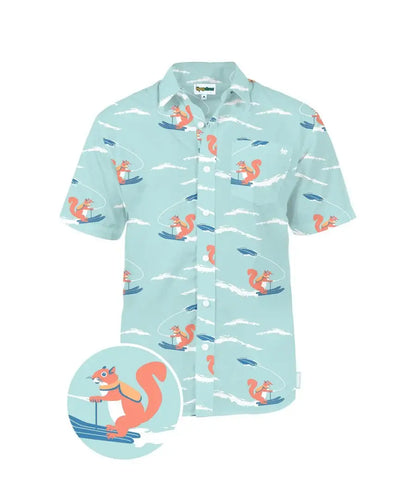 Squirrel On Water Skis Men's Fun Button Down Hawaiian Shirt