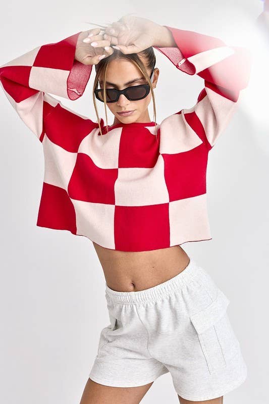 PT16257 - Sarah Round Neck Checkered LS Top
