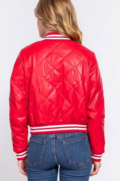 Long Sleeve Quilted PU Faux Leather Bomber Jacket