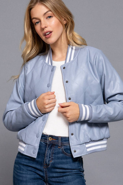 Long Sleeve Quilted PU Faux Leather Bomber Jacket