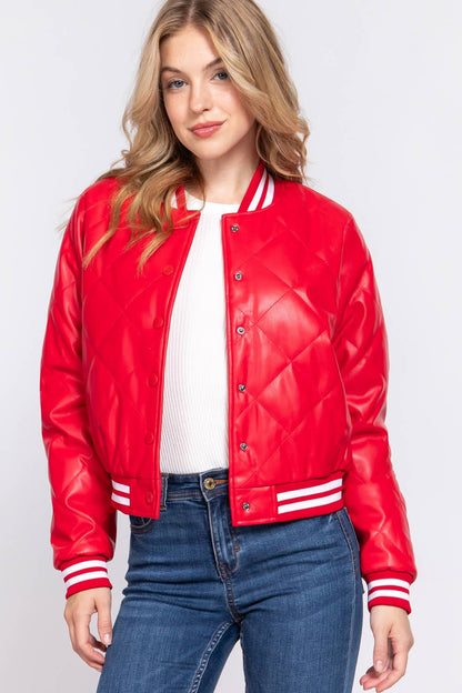 Long Sleeve Quilted PU Faux Leather Bomber Jacket