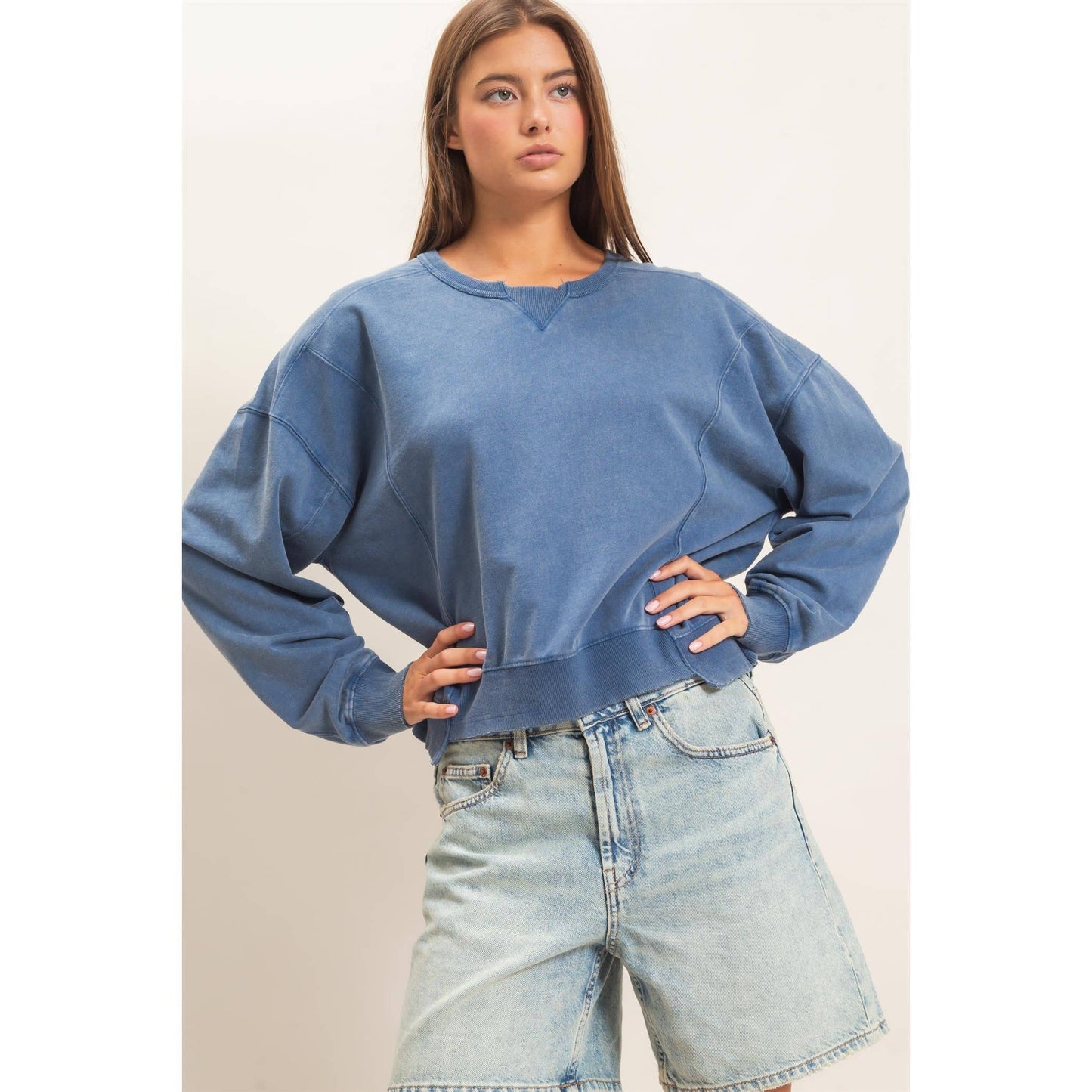 Acid Wash Seam Detail Crew Neck Sweatshirt