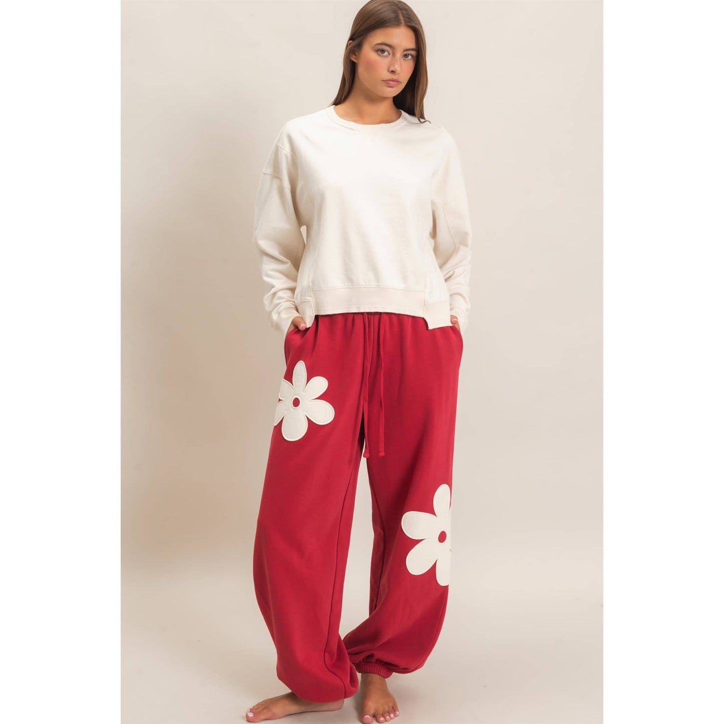 Floral Applique Drawstring Jogger Pants