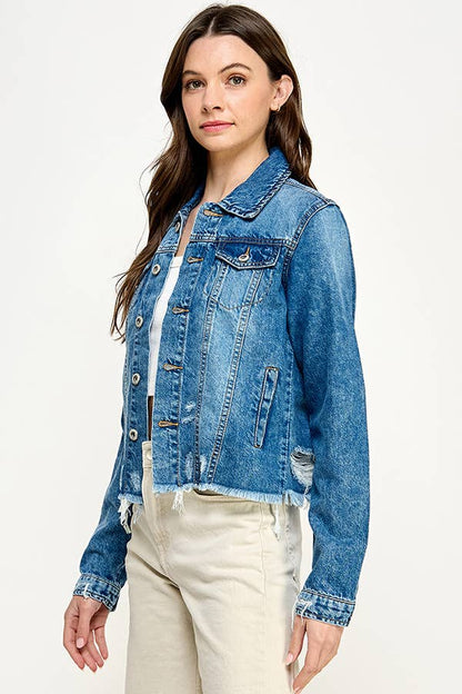 Ladies'  Cropcut Denim Jacket with Distressed