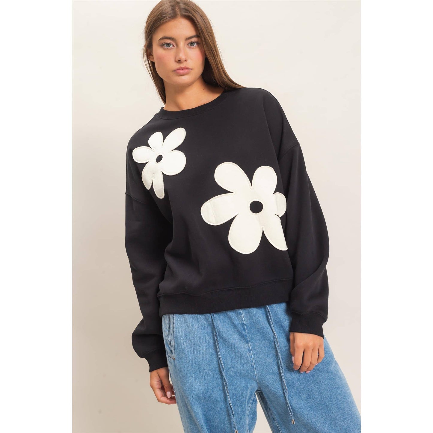 Floral Applique Crew Neck Sweatshirt