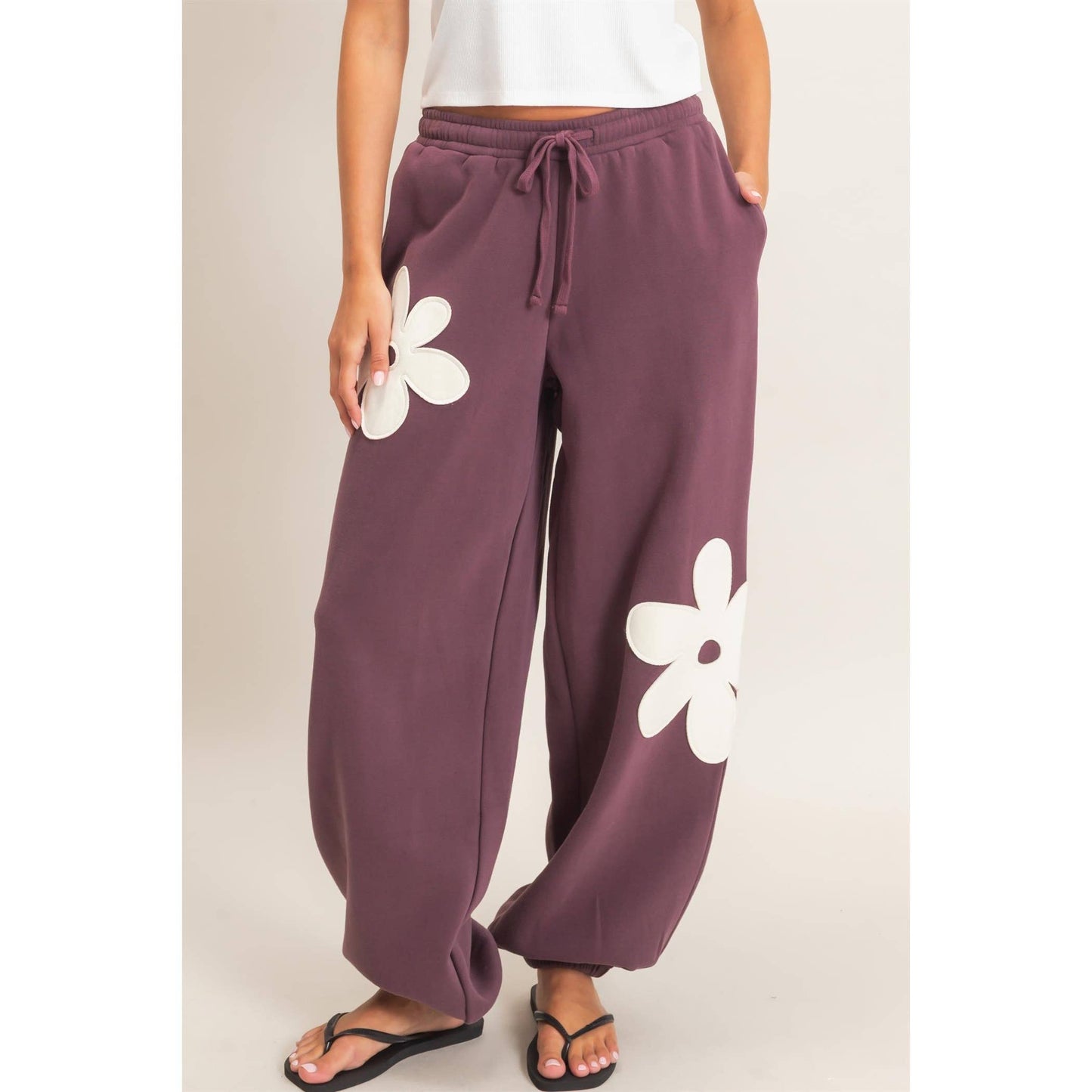 Floral Applique Drawstring Jogger Pants