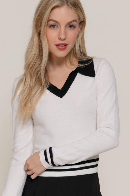 Long Sleeve Stripe Polo Sweater