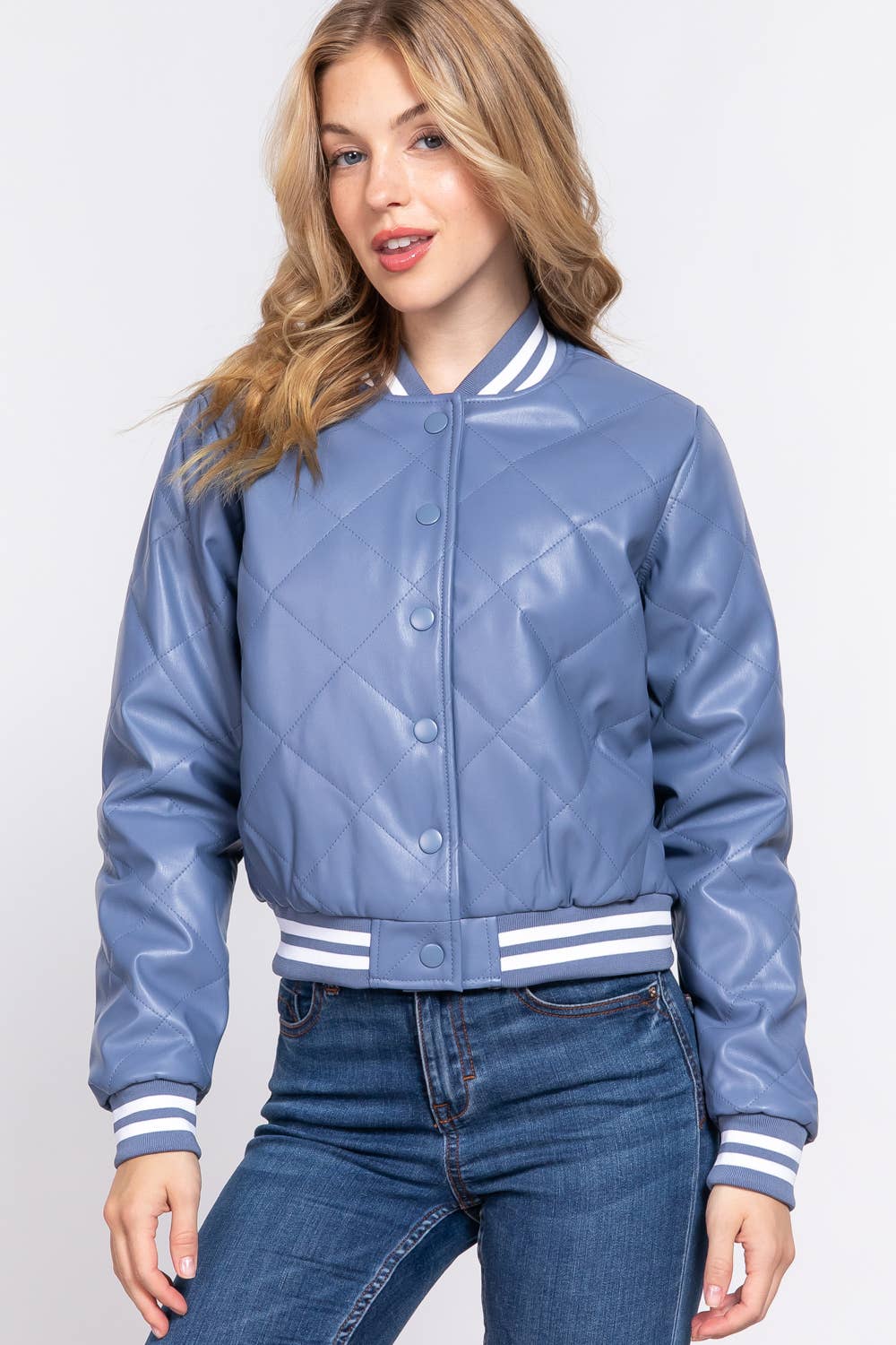 Long Sleeve Quilted PU Faux Leather Bomber Jacket