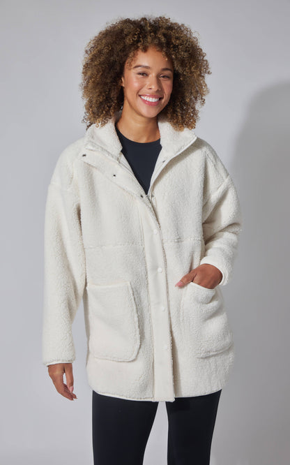 Women's Teddy Sherpa Button Down Jacket with Zipper Pockets