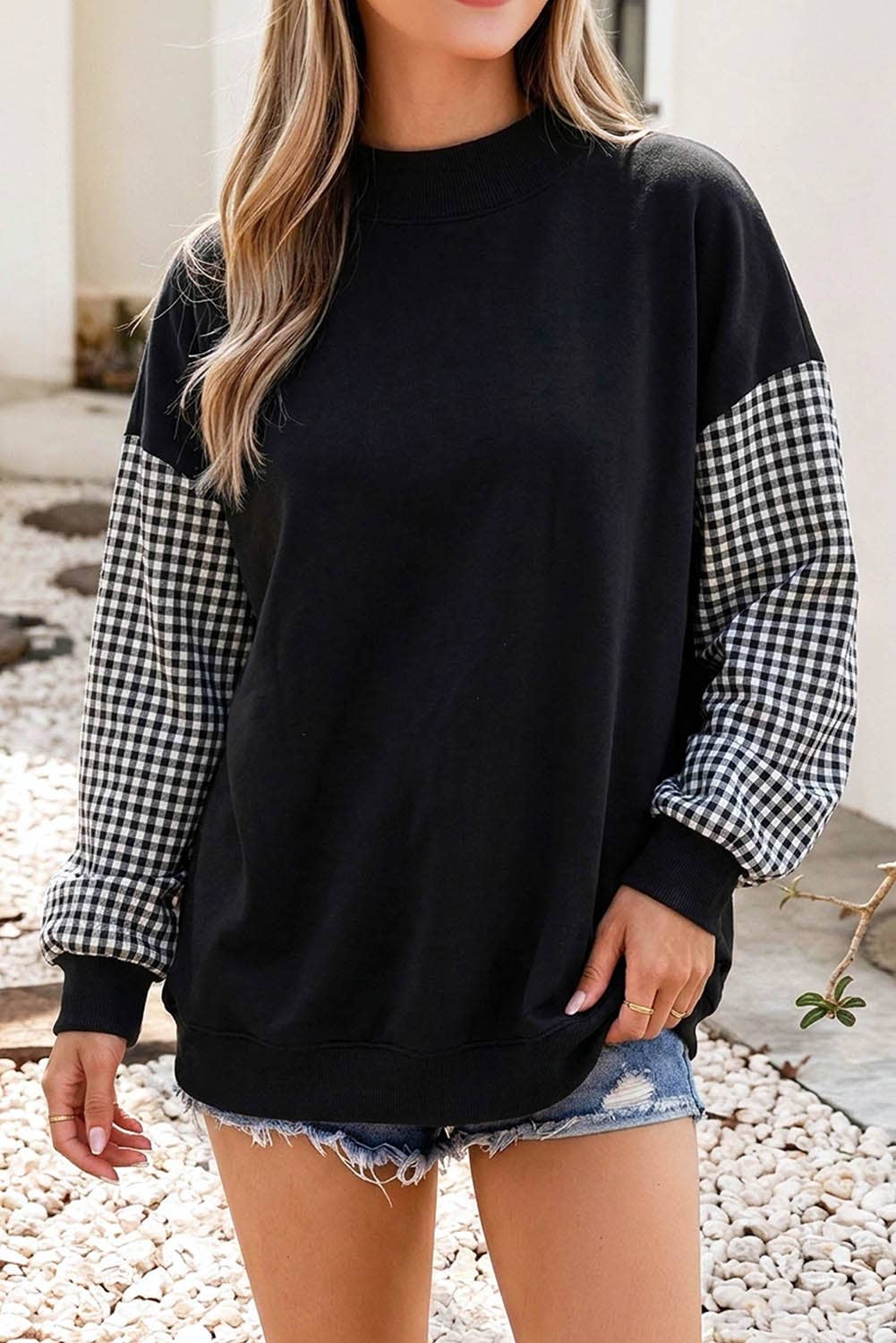 F/W26 NEW Plaid Sleeve Colorblock Mock Neck Sweatshirt| S-4X