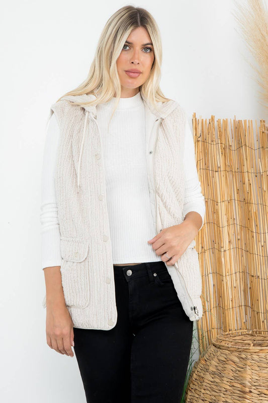 Textured Faux Fur Quilted Line Hoodie Vest