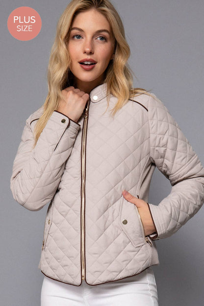 [PLUS SIZE] Suede Piping Detail Rib Quilted Padding Jacket