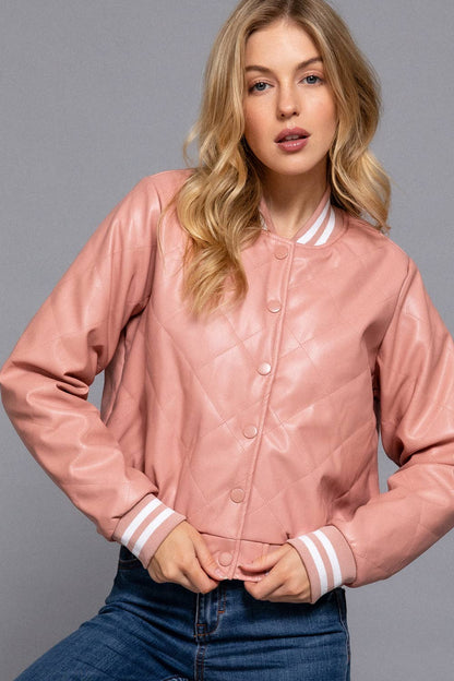 Long Sleeve Quilted PU Faux Leather Bomber Jacket