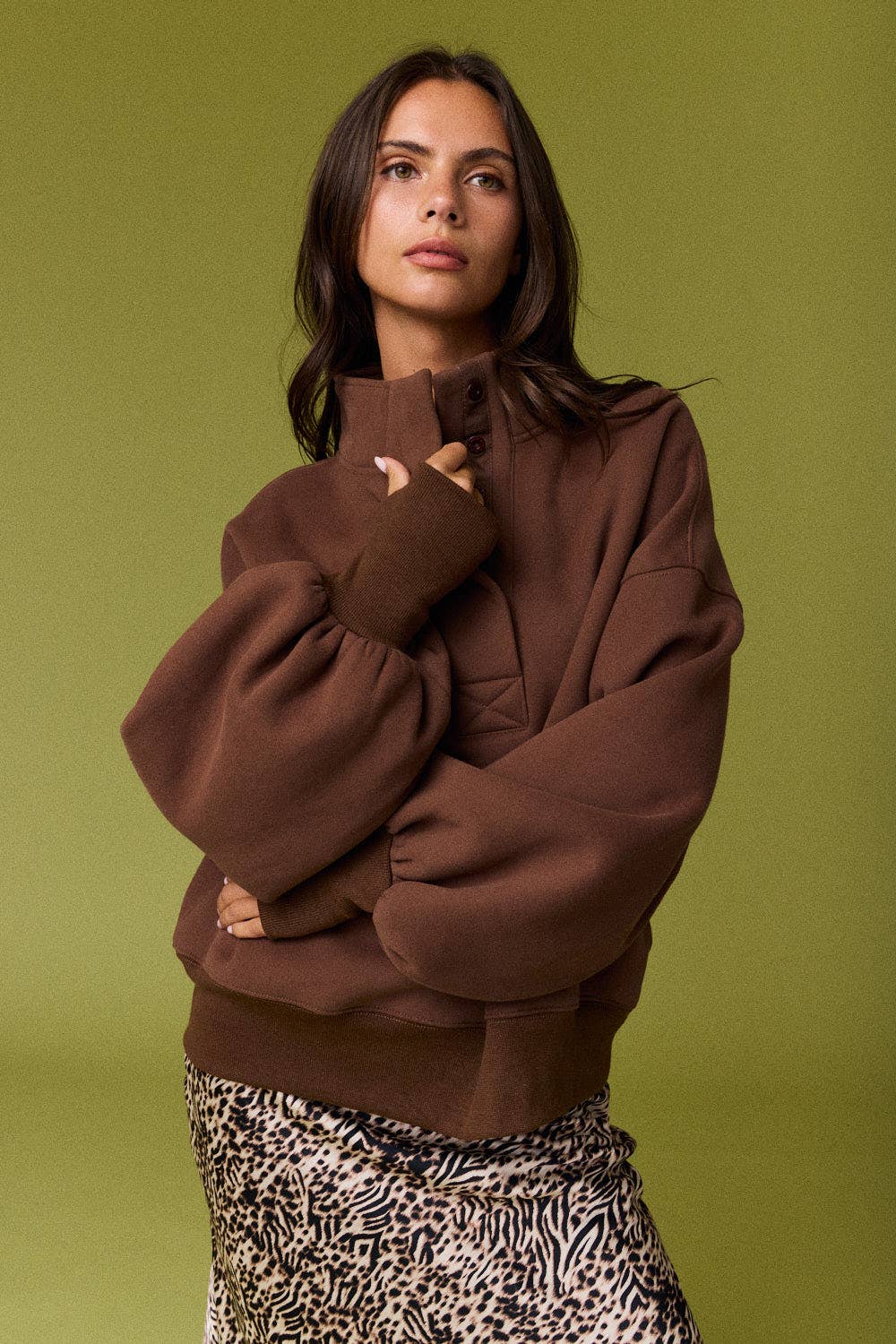 PT18729 - High Collar Half Button-Up Relaxed Fit Pullover