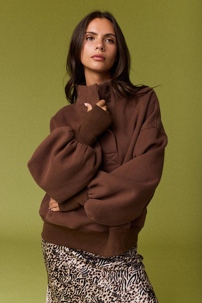 PT18729 - High Collar Half Button-Up Relaxed Fit Pullover