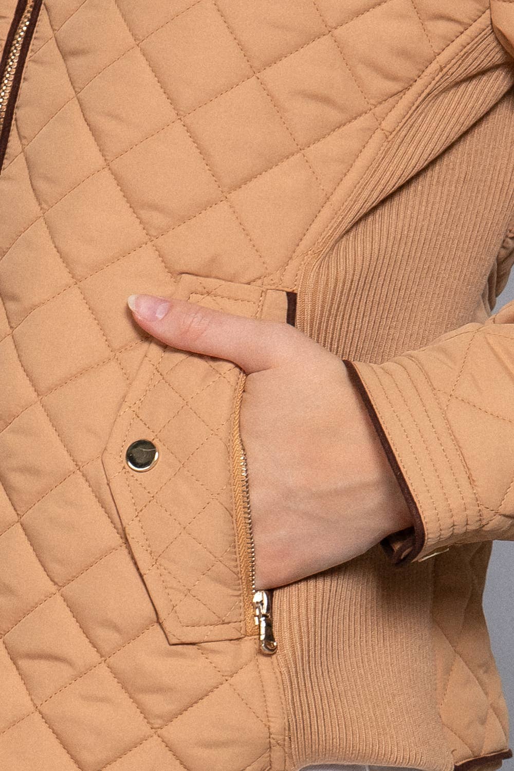 [PLUS SIZE] Suede Piping Detail Rib Quilted Padding Jacket