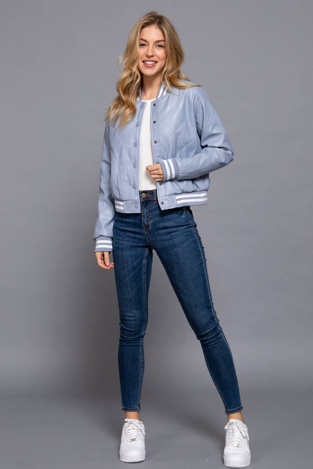Long Sleeve Quilted PU Faux Leather Bomber Jacket