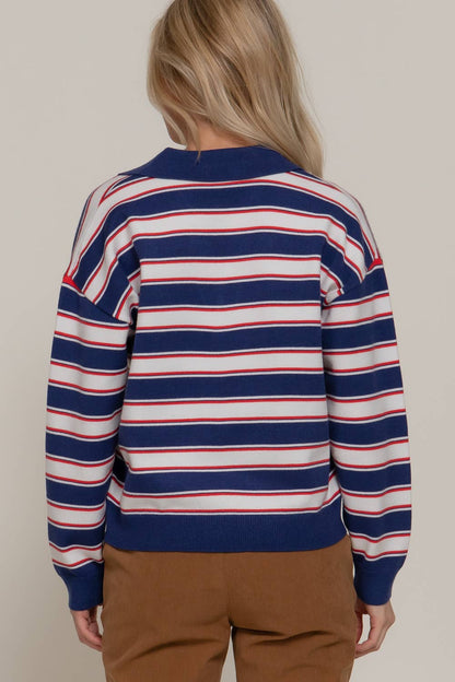 Long Sleeve Multi Stripe Polo Sweater