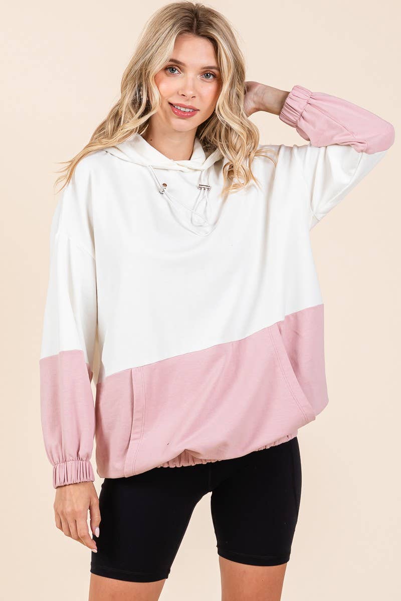 D5505 - ELASTIC HEM COLOR BLOCK POCKET HOODIE=