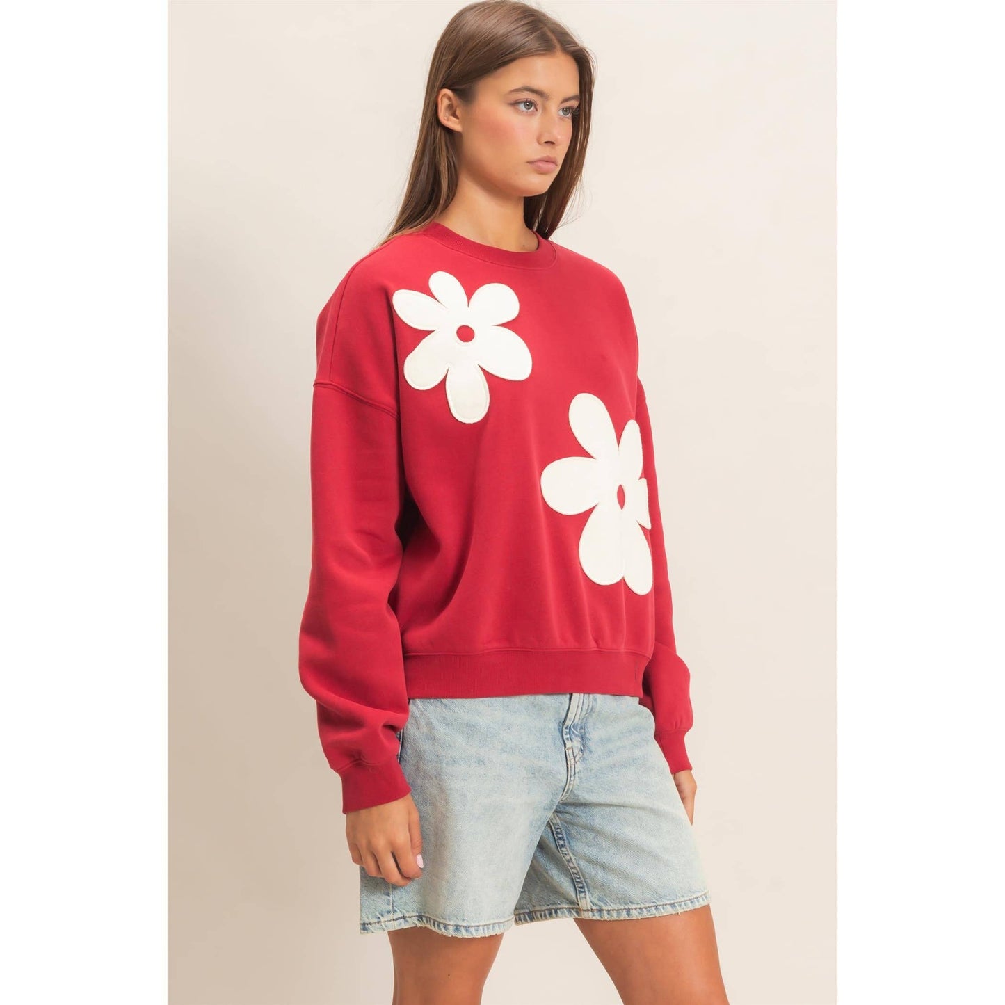 Floral Applique Crew Neck Sweatshirt