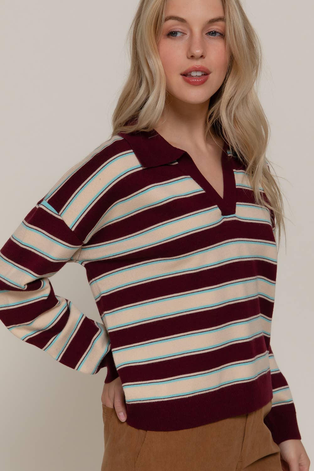 Long Sleeve Multi Stripe Polo Sweater