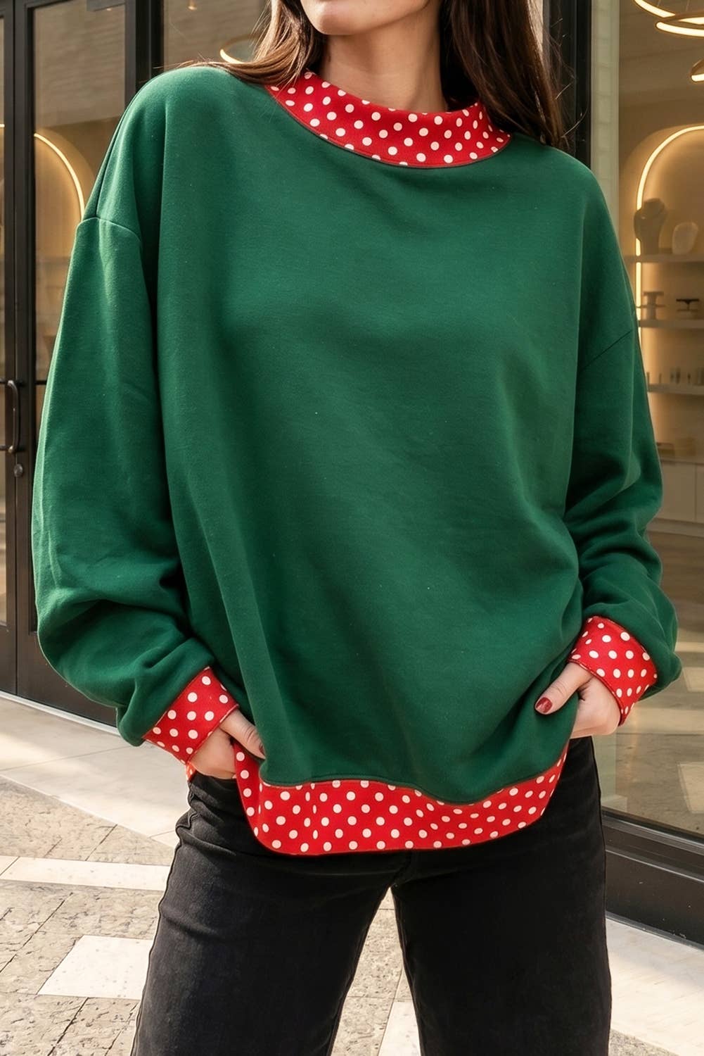 66 Plus Size Polka Dot Mock Neck Fleece Sweatshirt (S-4X)