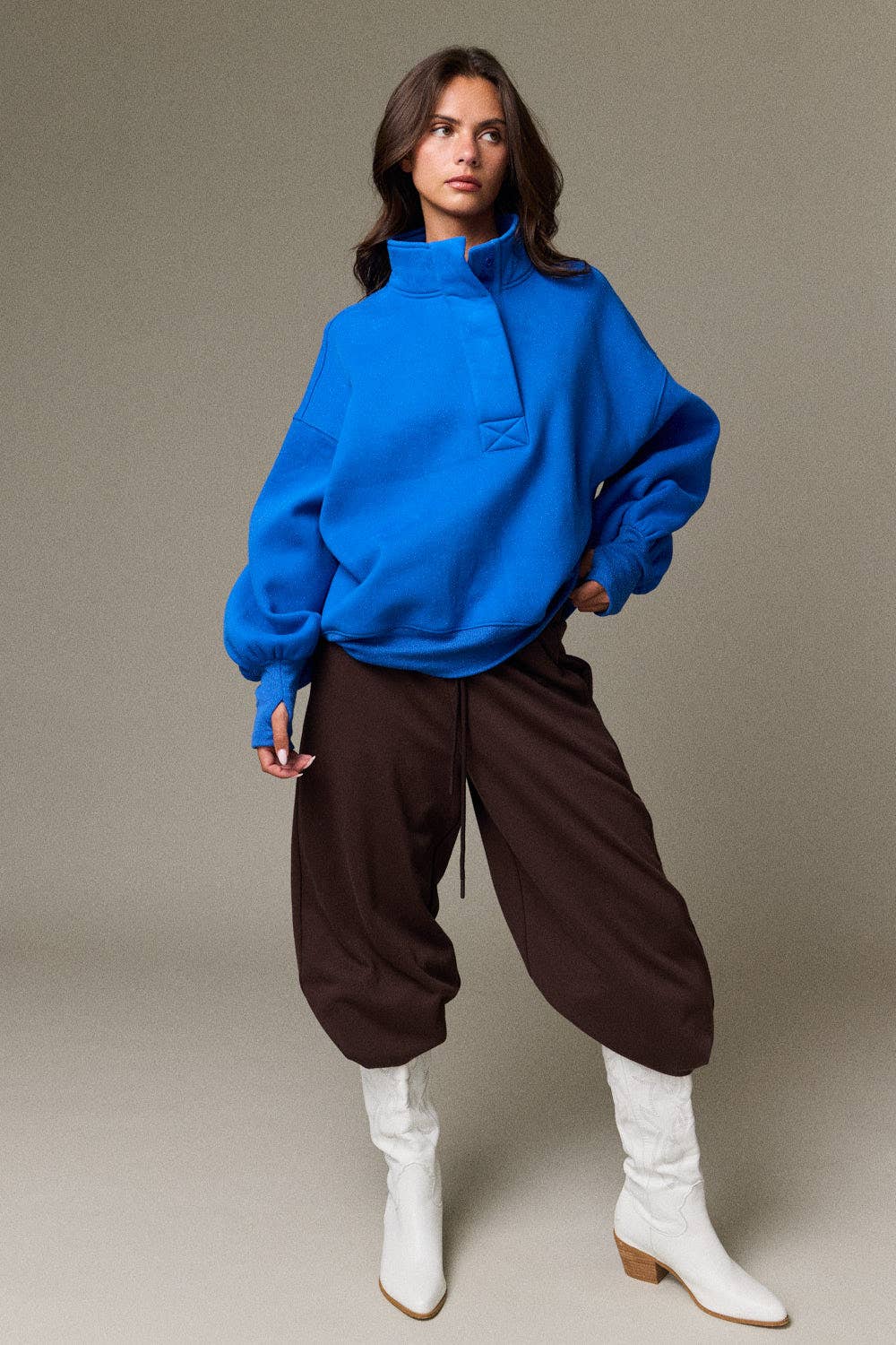 PT18729 - High Collar Half Button-Up Relaxed Fit Pullover